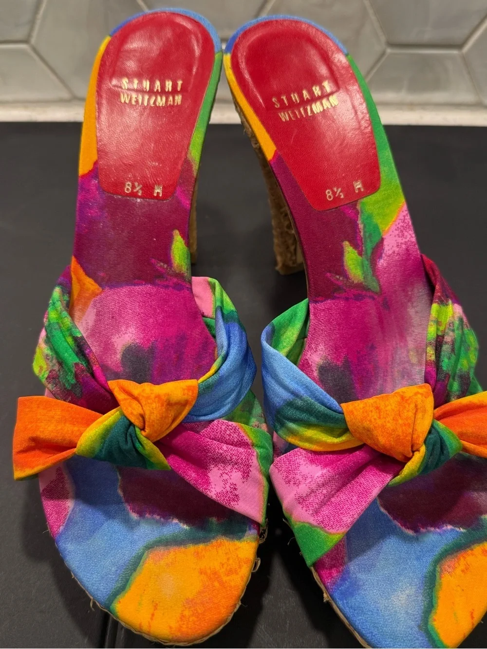 Stuart Weitzman RARE Not So Tropical Watercolor Knot Jute Platform Sandal Sz 8.5